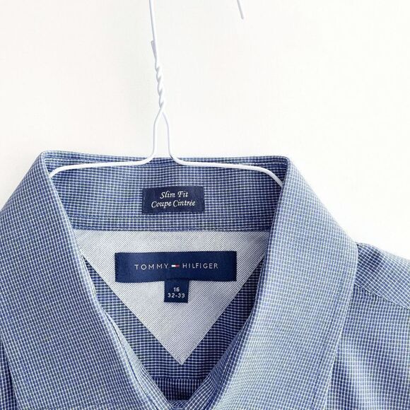 Tommy Hilfiger Mens Collared Shirt Slim Flit Micro Plaid Long Sleeve Blue Sz 16 - Picture 4 of 8